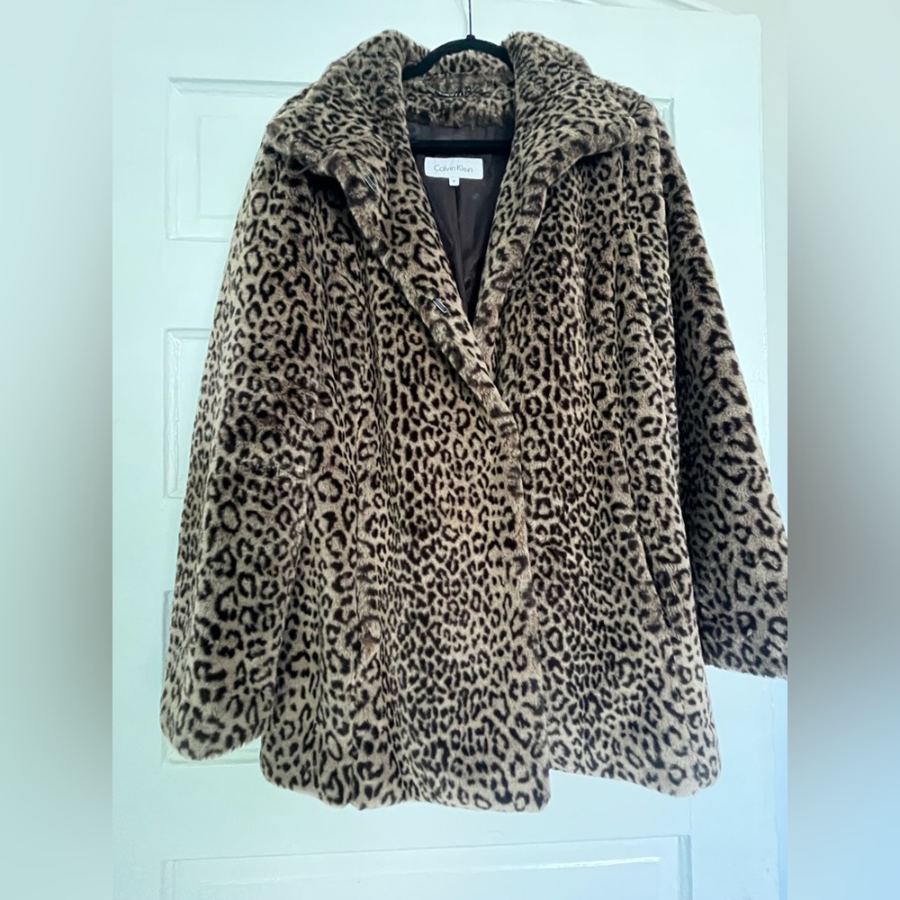 Calvin Klein, Faux Fur Brown Leopard Coat, Women’s Medium